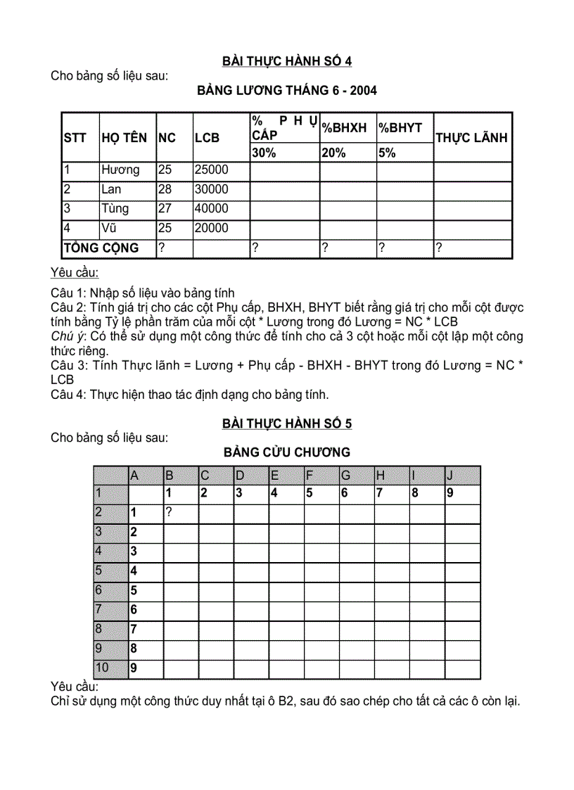 Bài tập Excel 1