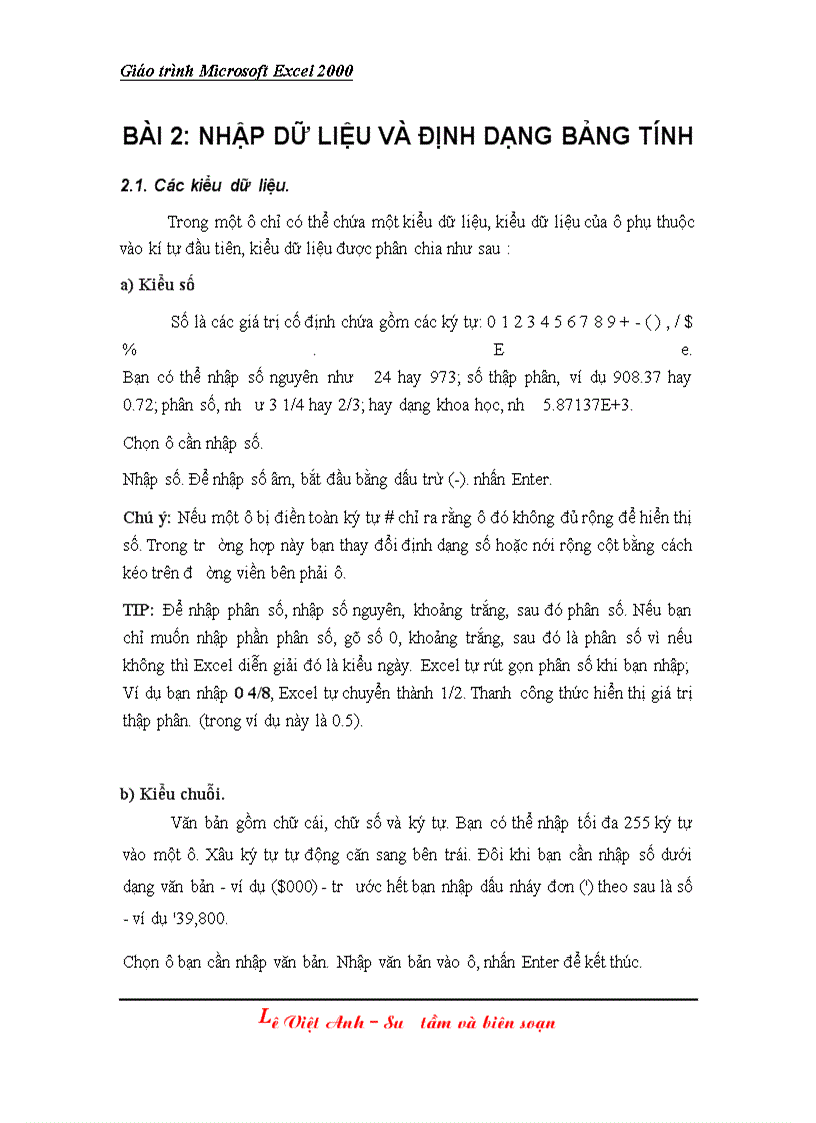 image for page Giáo trình Excel 2000 bài 2