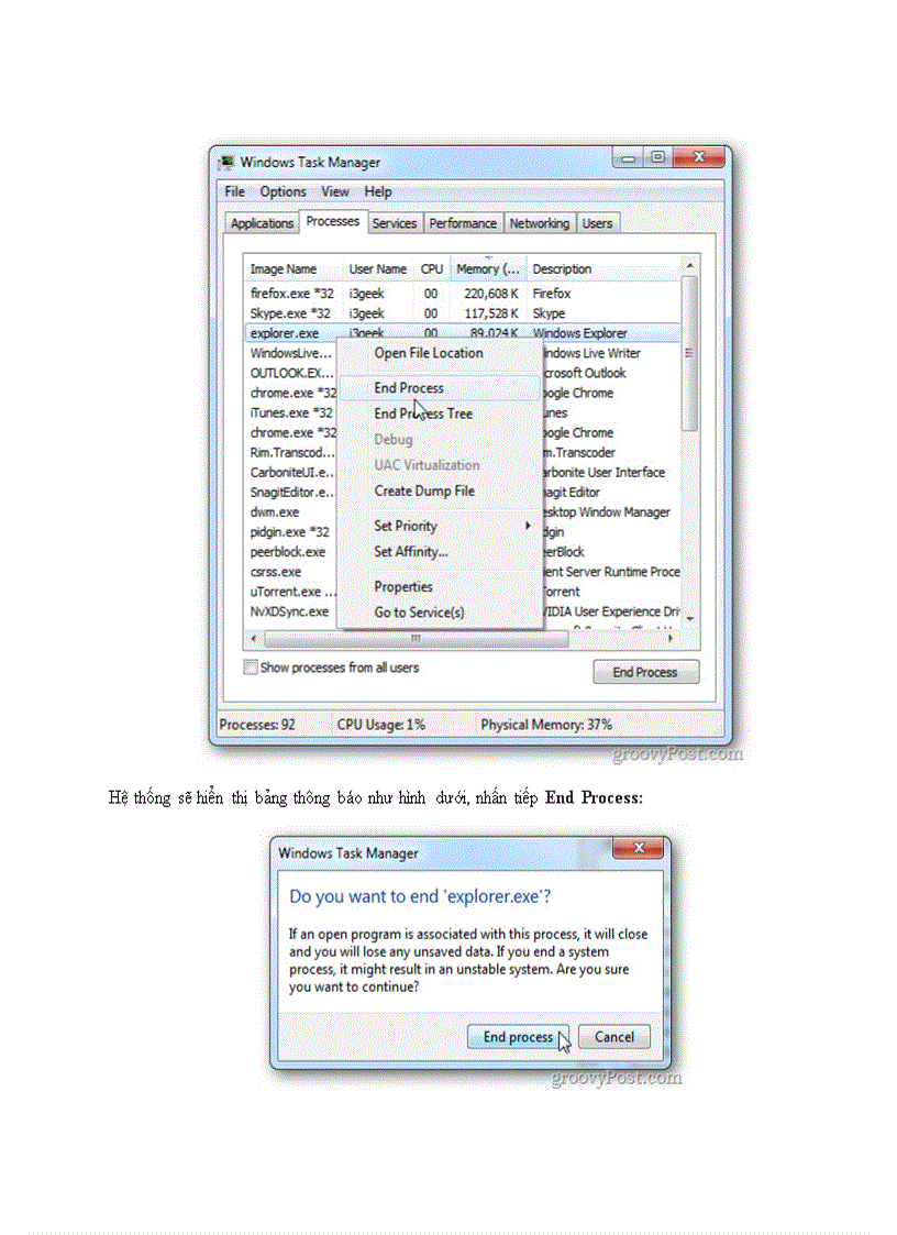 Khởi động lại Windows Explorer khi hệ thống bị TREO