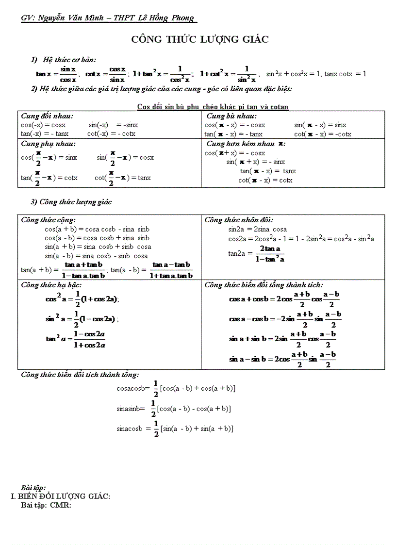 image for page Bang cong thuc luong giac de nho