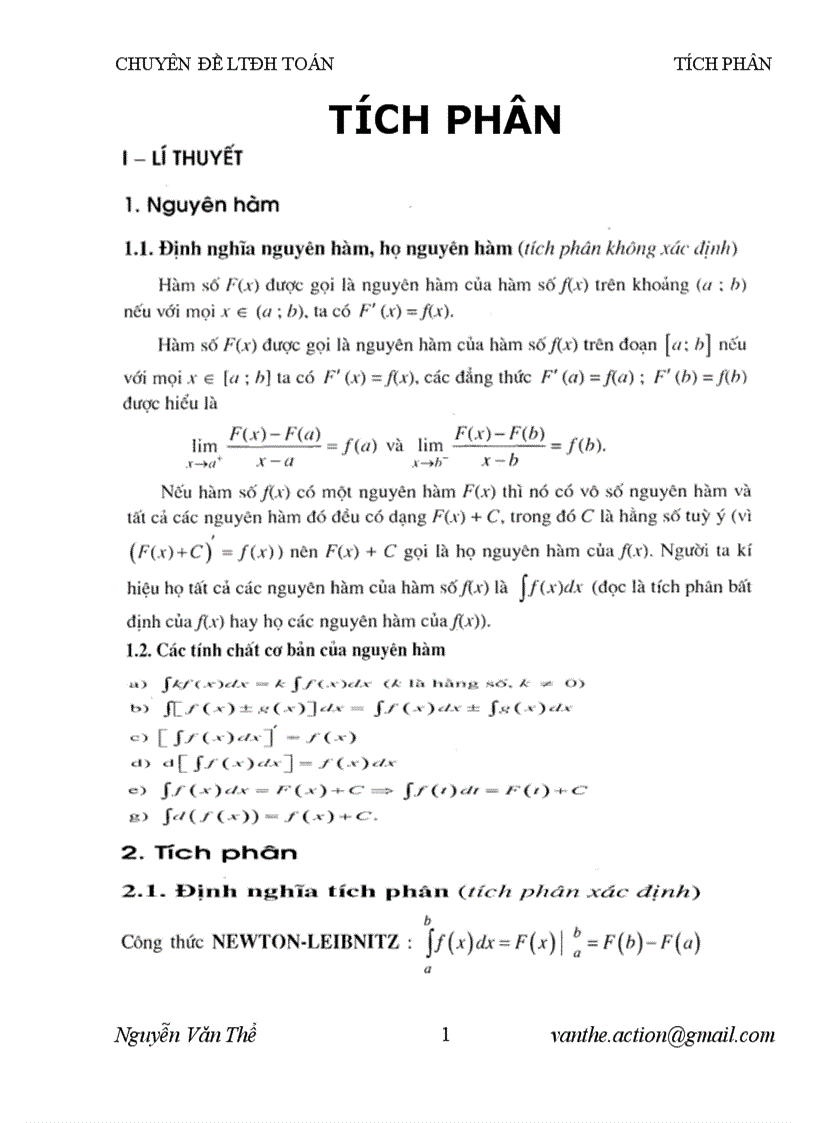 CHUYÊN ĐỀ LTĐH MÔN TOÁN Phần tích phân