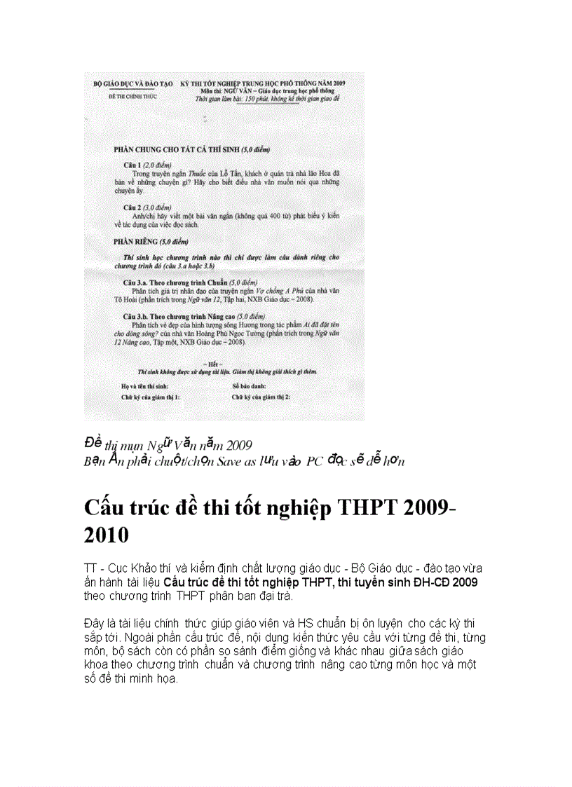 Cấu trúc đề thi tốt nghiệp THPT 2009 2010 1