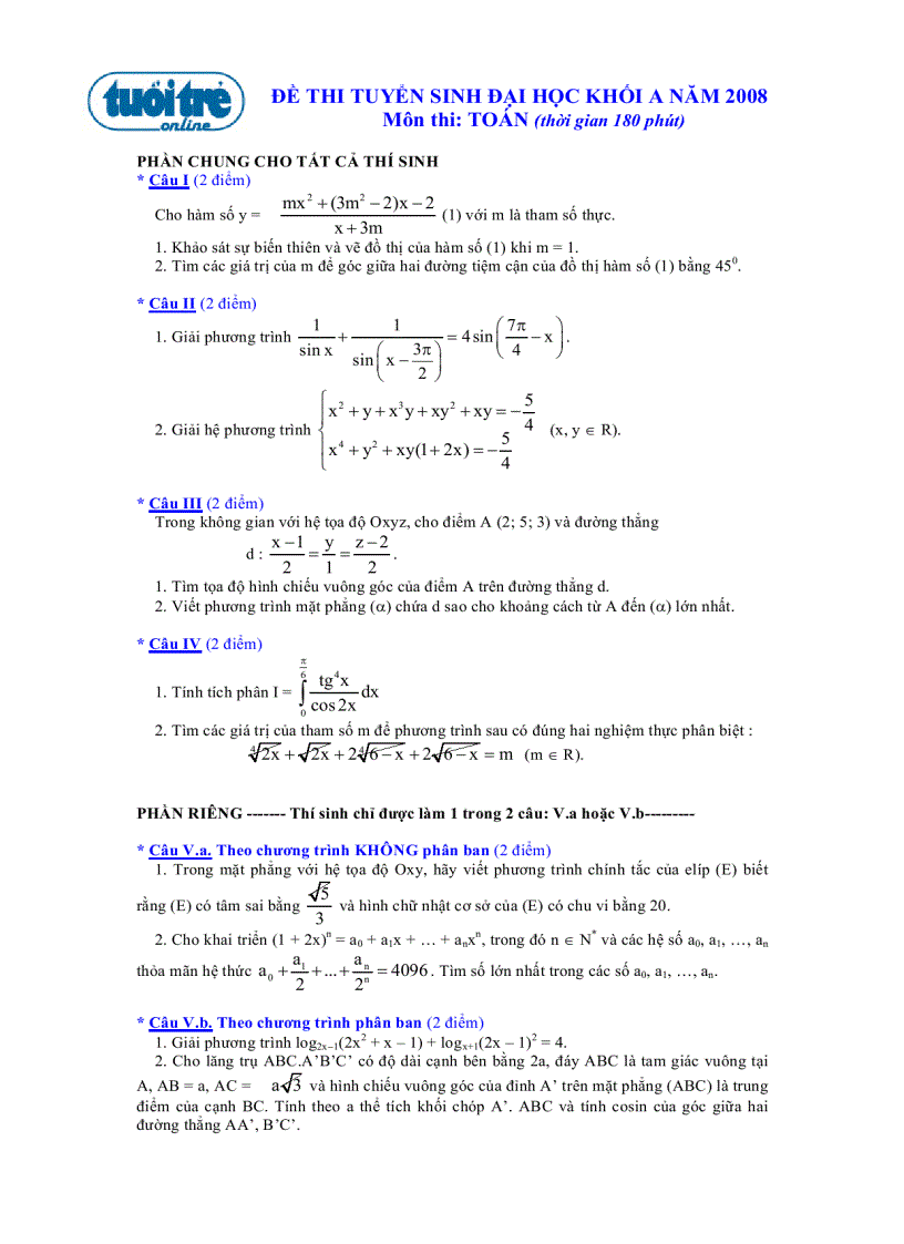 image for page Đề thi toán khối a 2008 có đáp án