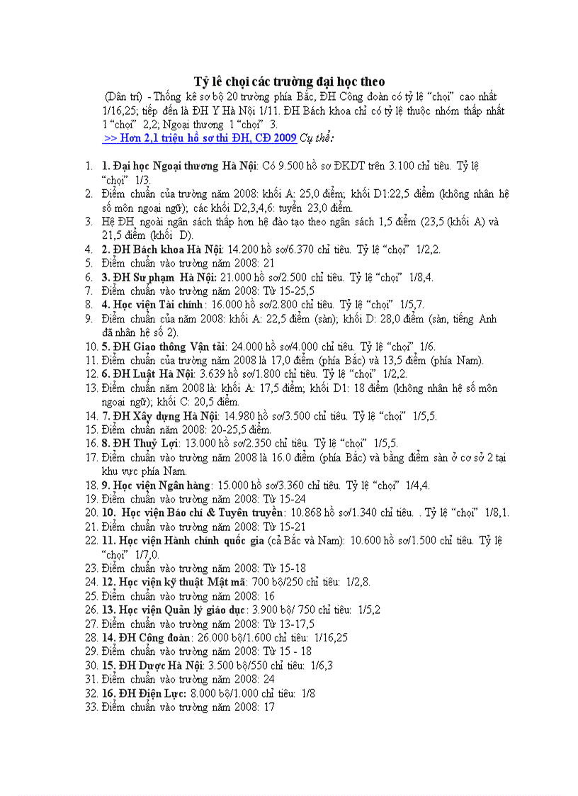 image for page Tỷ lệ chọi các trường dại học năm 2009