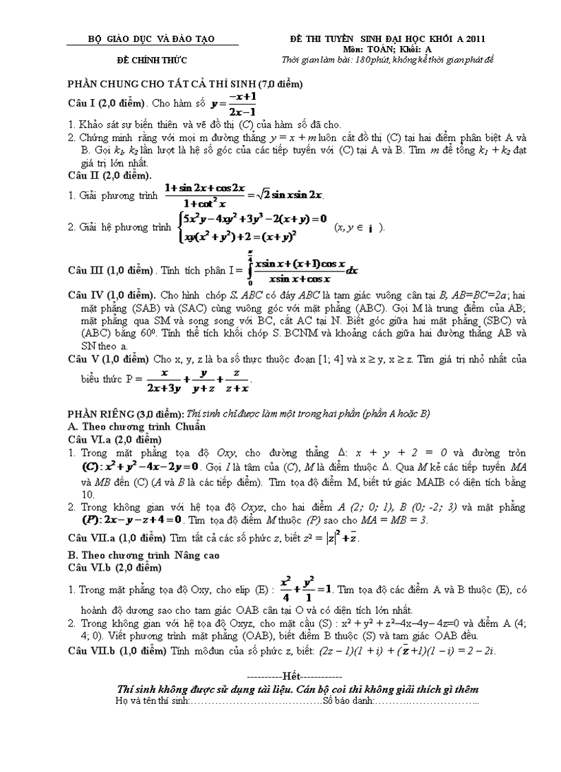 ĐỀ THI KHỐI A môn Toán 2011 1
