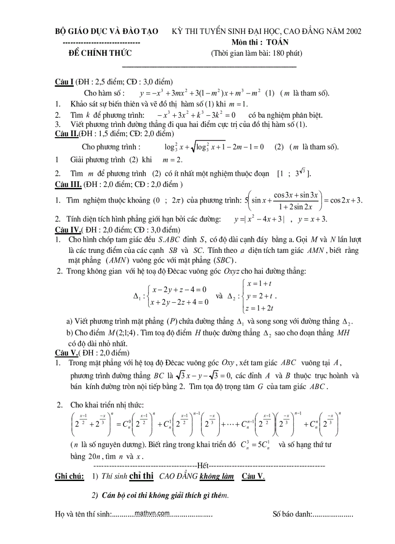 image for page Đề thi ĐẠI HỌC môn Toán từ 2002 đến 2010 và đáp án 1