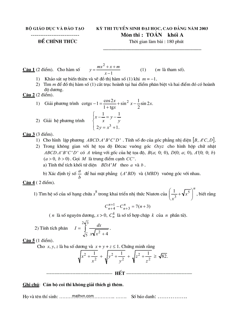 image for page Đề thi ĐẠI HỌC môn Toán từ 2002 đến 2010 và đáp án 1