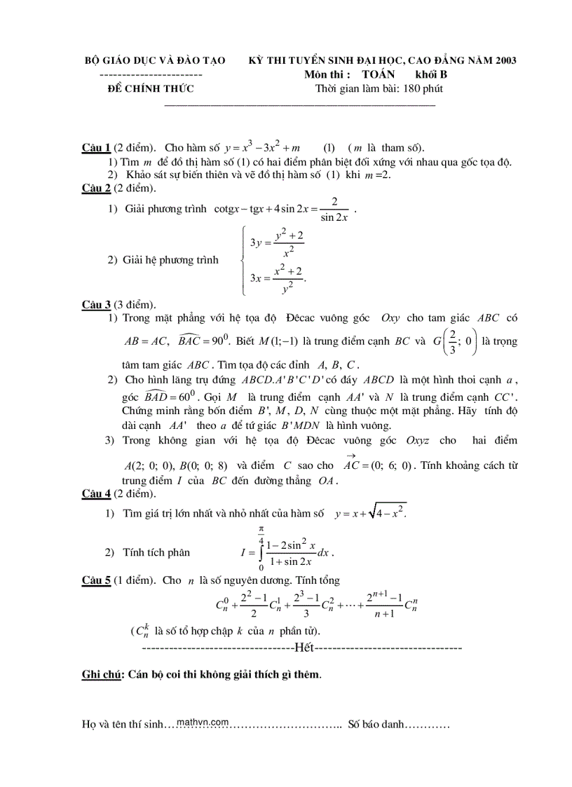 image for page Đề thi ĐẠI HỌC môn Toán từ 2002 đến 2010 và đáp án 1
