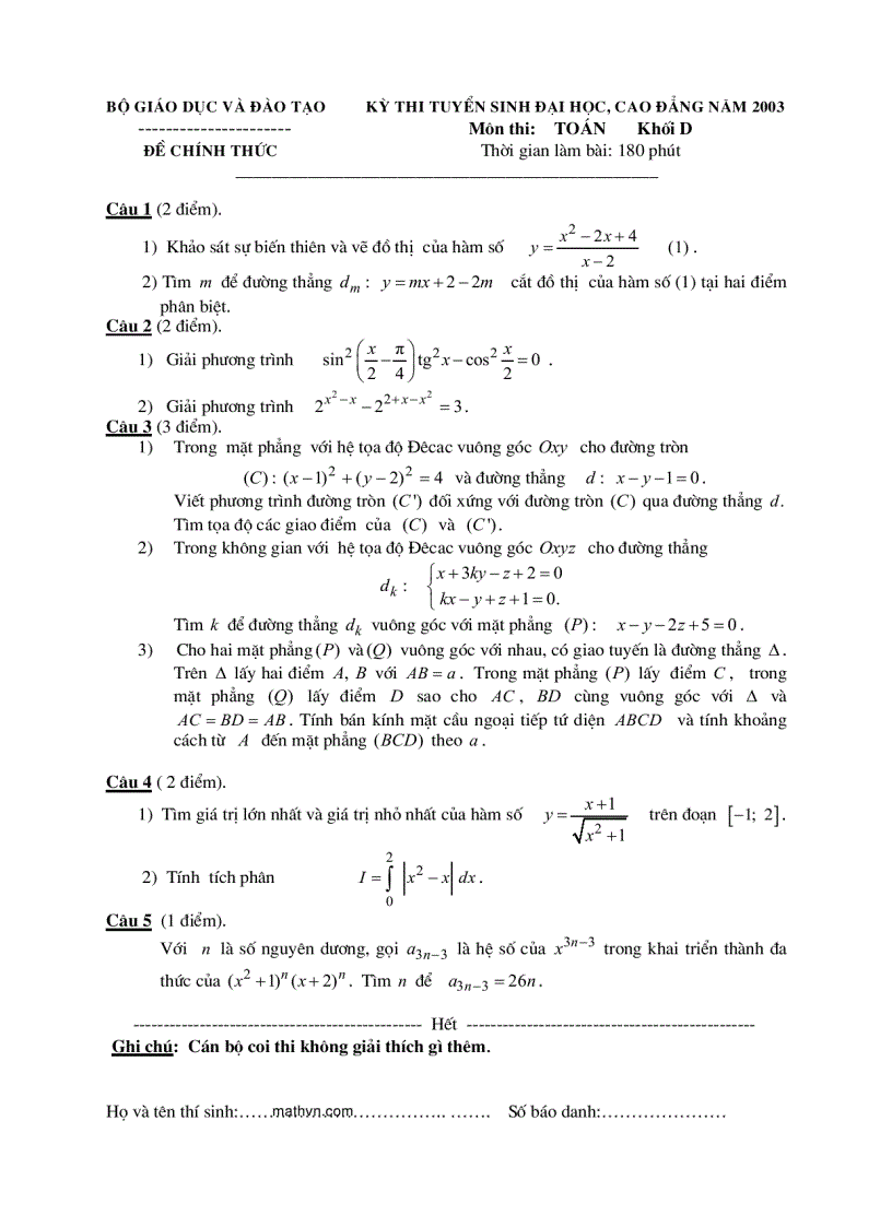 image for page Đề thi ĐẠI HỌC môn Toán từ 2002 đến 2010 và đáp án 1