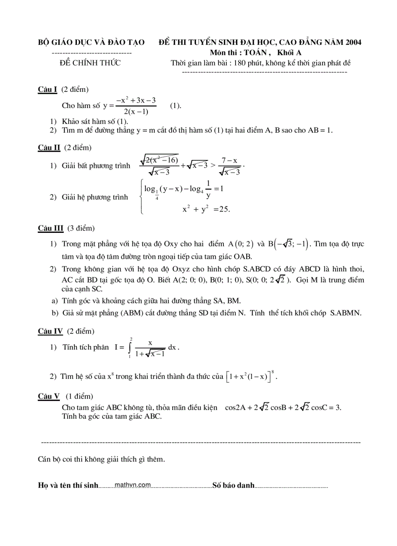 image for page Đề thi ĐẠI HỌC môn Toán từ 2002 đến 2010 và đáp án 1