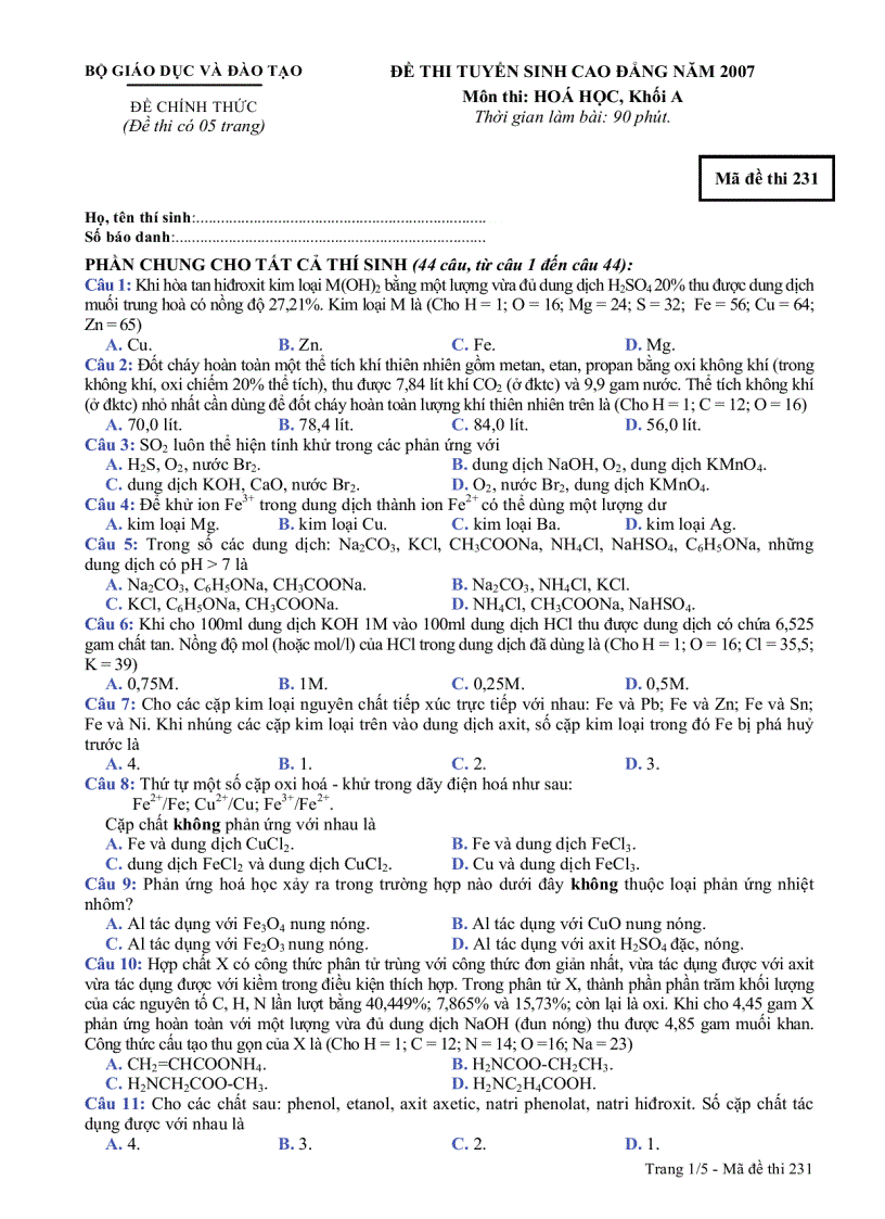 image for page Đề thi cđ môn hoá khối a 2007