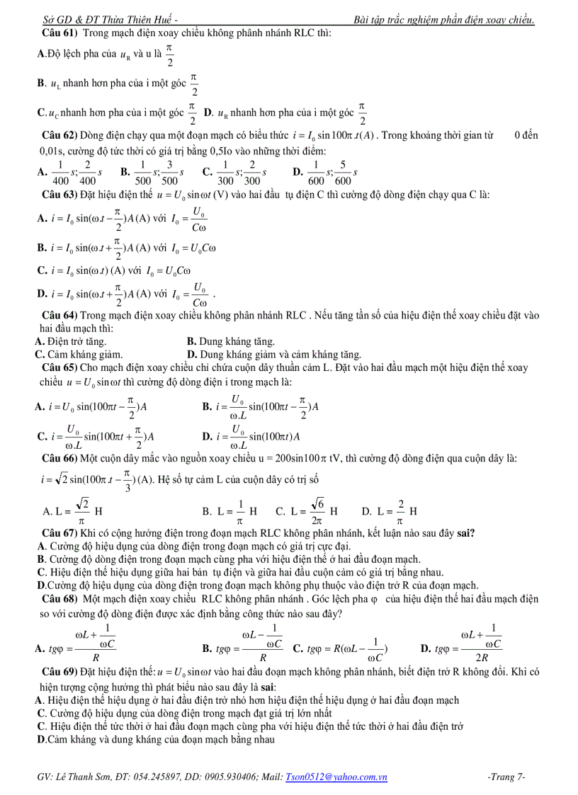 image for page Đề trắc nghiệm Vật lý Phần điện xoay chiều