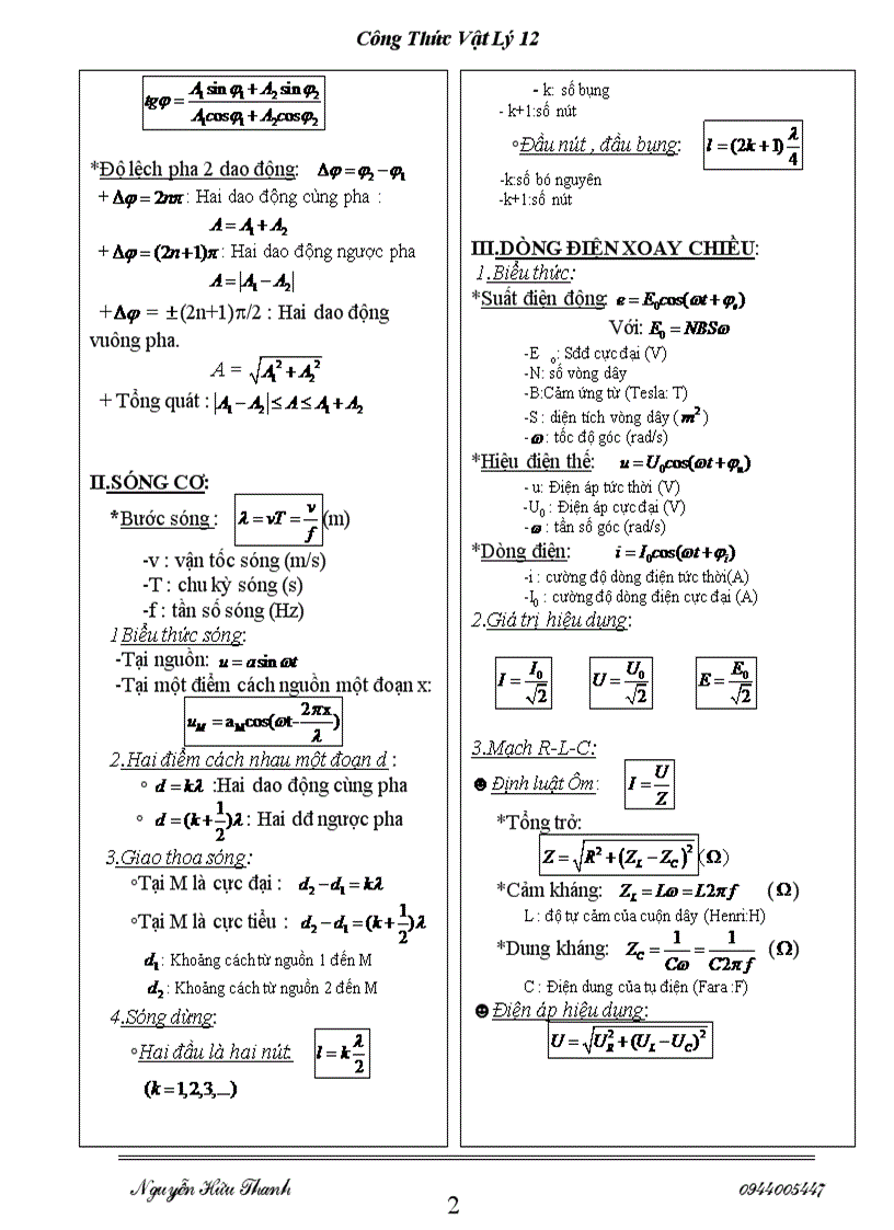Toàn Bộ Công Thức Vật Lý 12