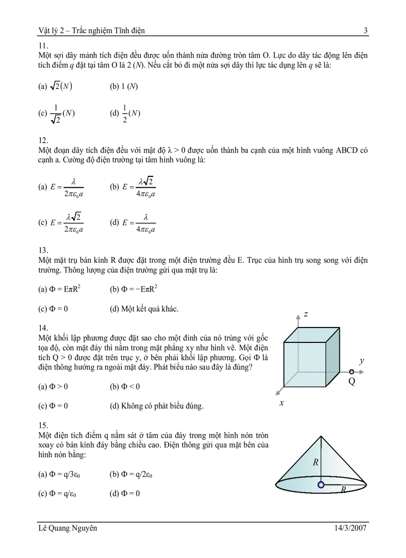 Trắc nghiệm Vật lý Phần tĩnh điện