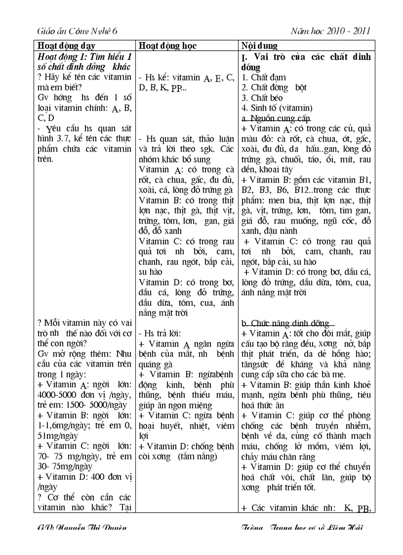 Công nghệ 6 Học kì 2 đầy đủ theo ppct 2011 2012