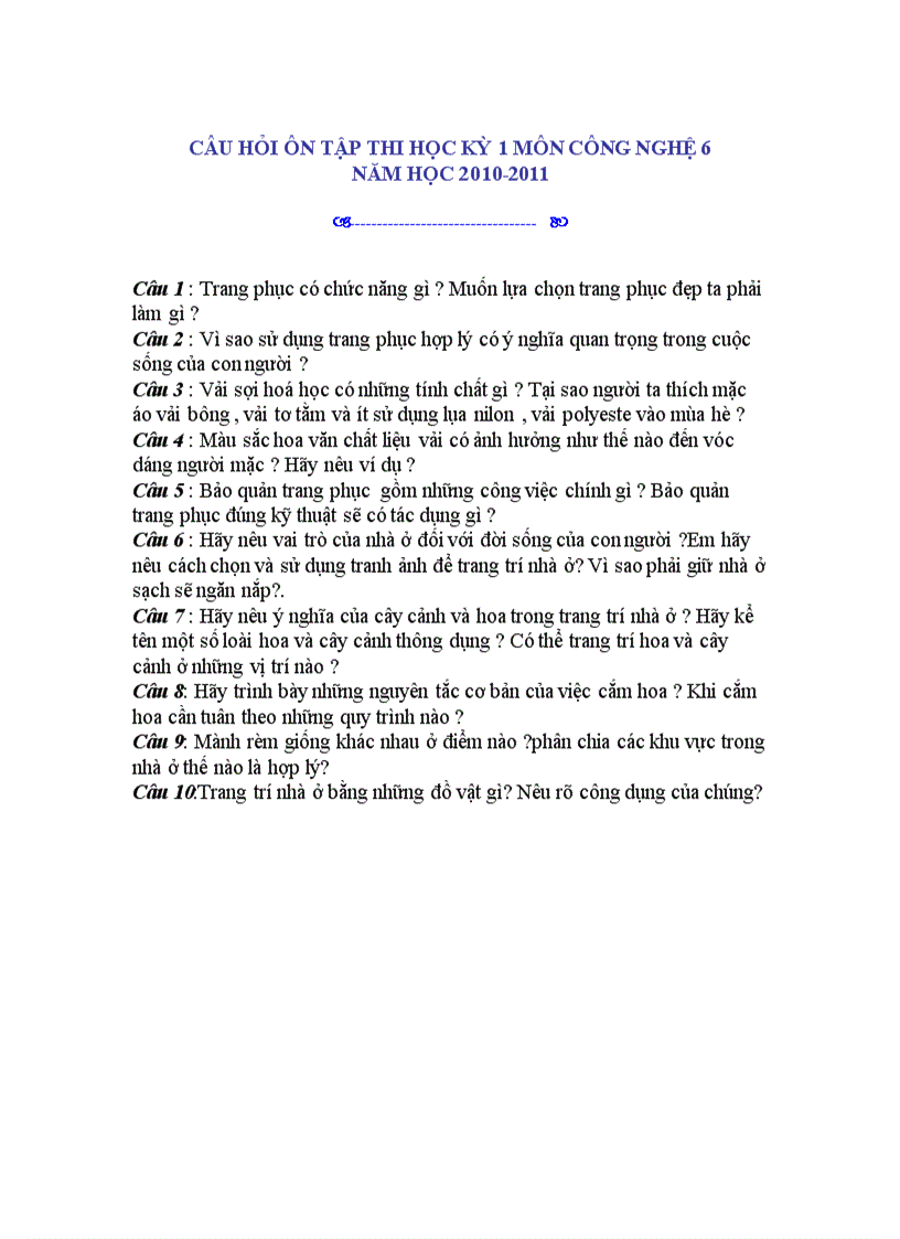 image for page Đề cương ôn thi công nghệ học kì i năm học 2010 2011