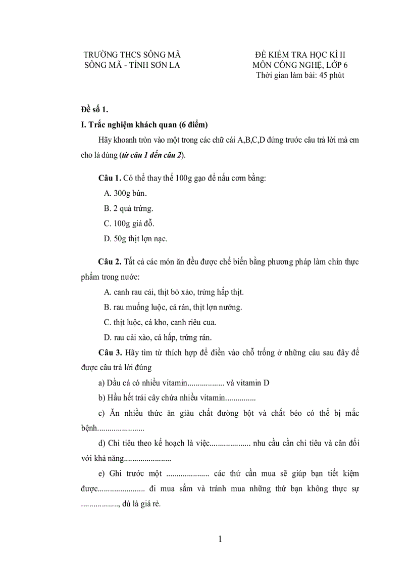 Đề HKII Công nghệ 6 7