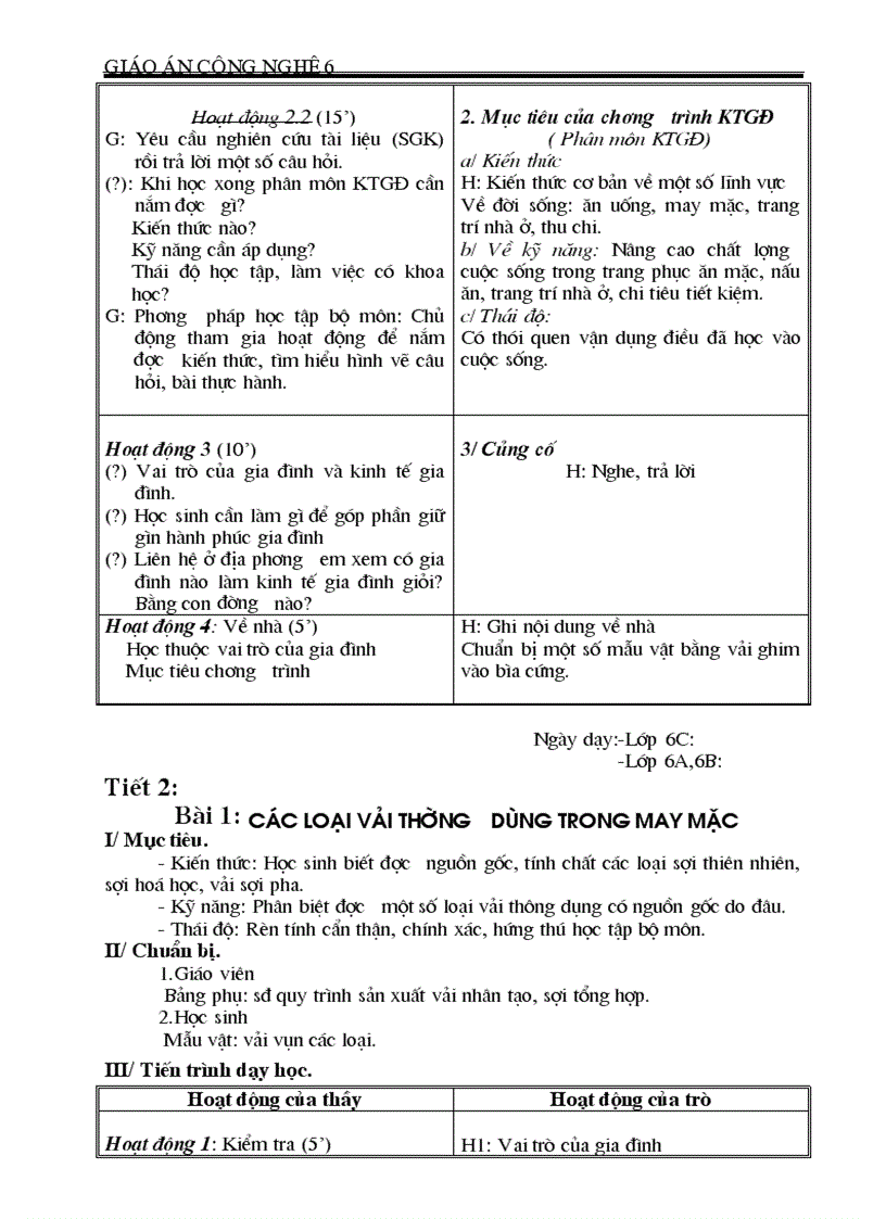 Giáo án Công nghệ 6 mới 1