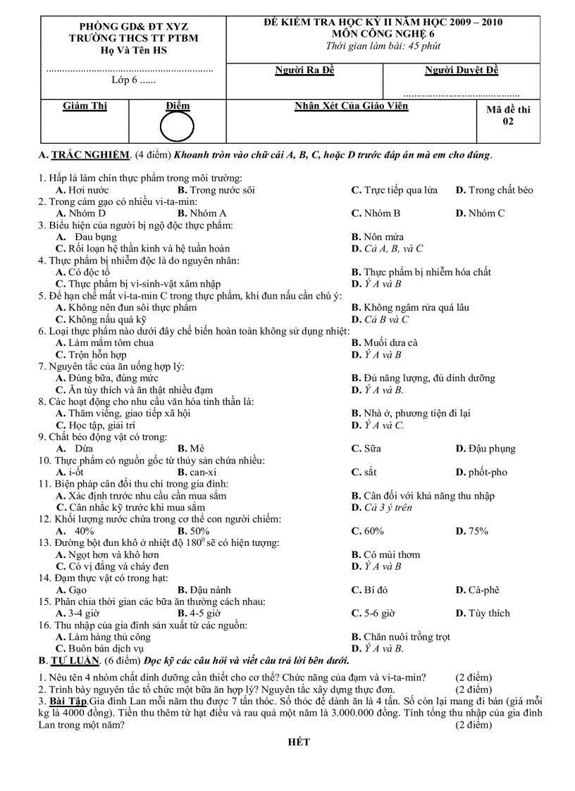 Kiểm Tra Công Nghệ 6 HK II