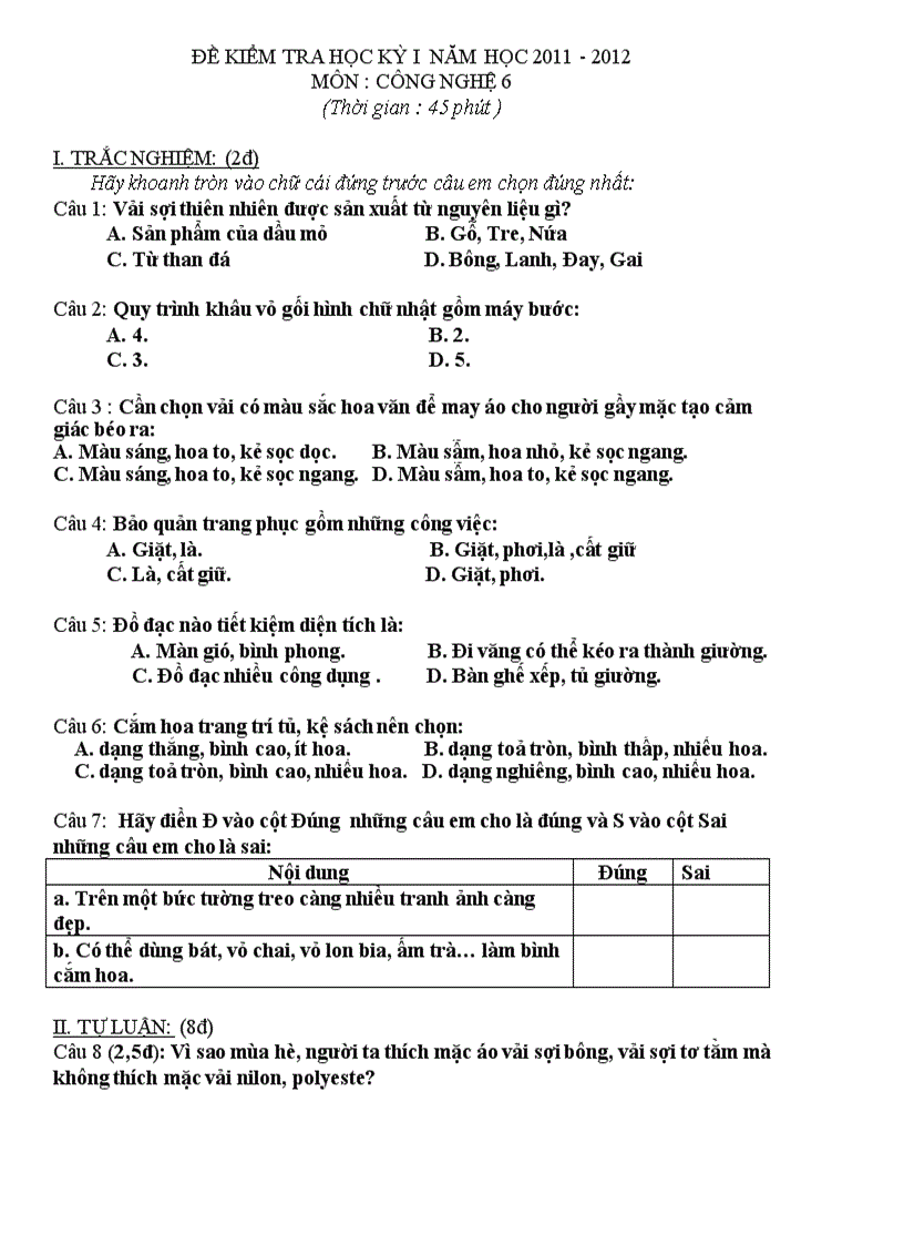 image for page Ma trận đề kiểm tra Công nghệ 6 HKI