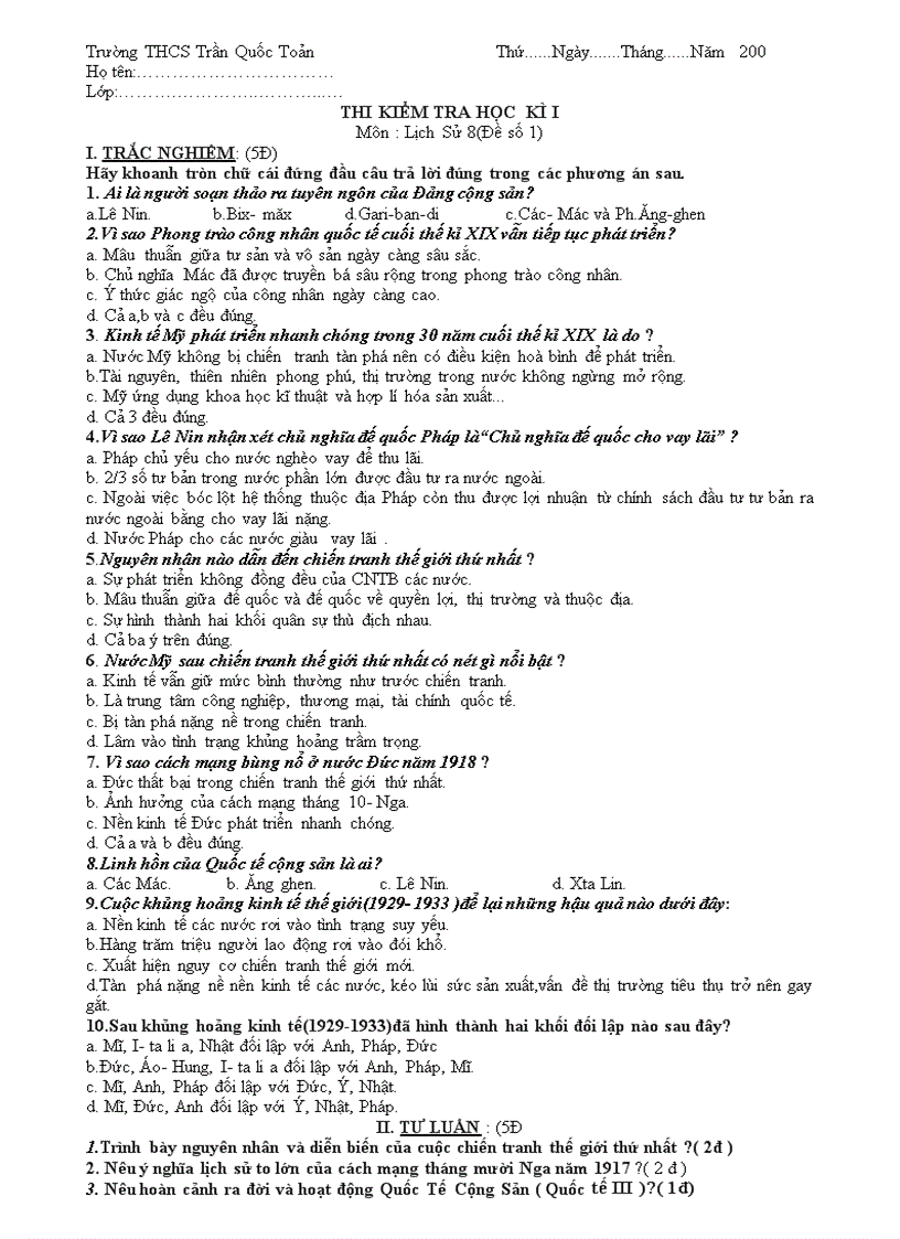 image for page Đề kiểm tra học kỳ I Lịch Sử 8