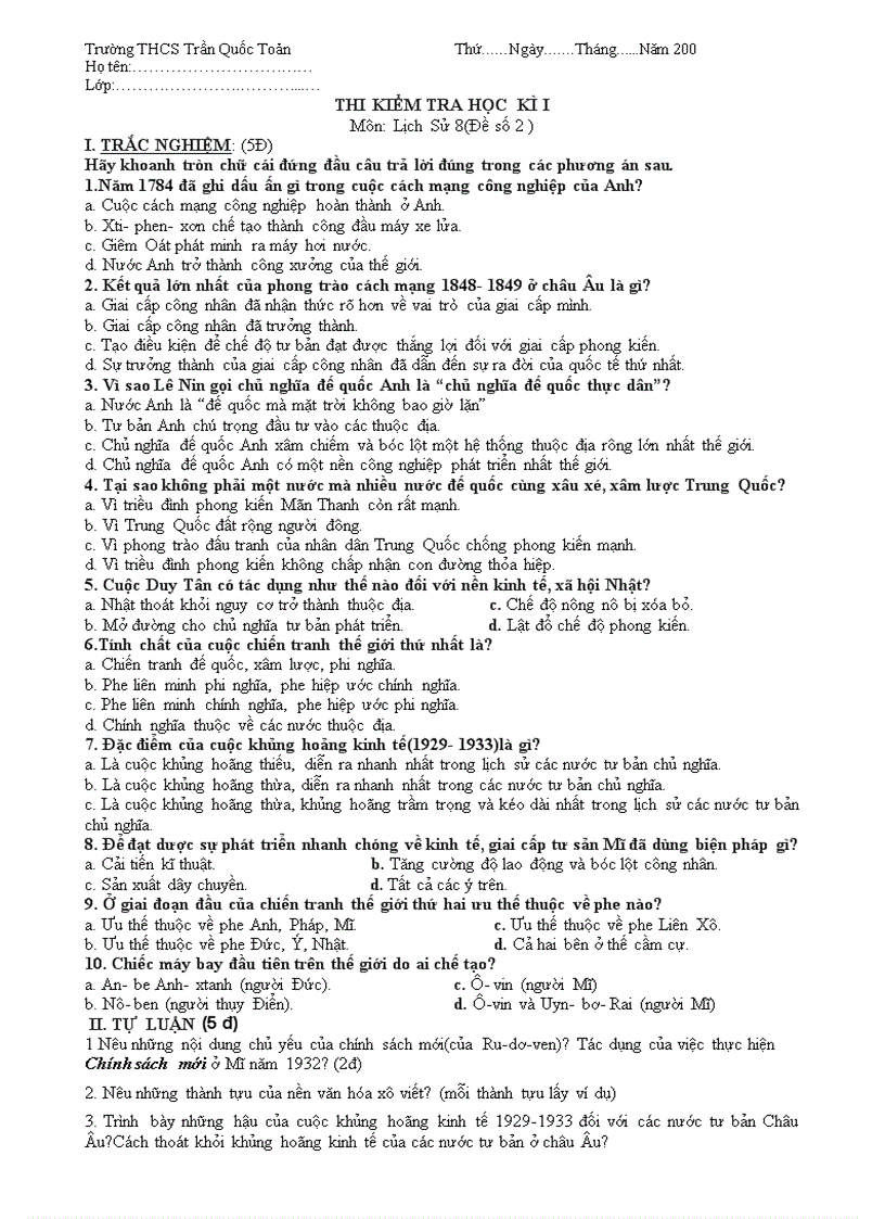 image for page Đề kiểm tra học kỳ I Lịch Sử 8