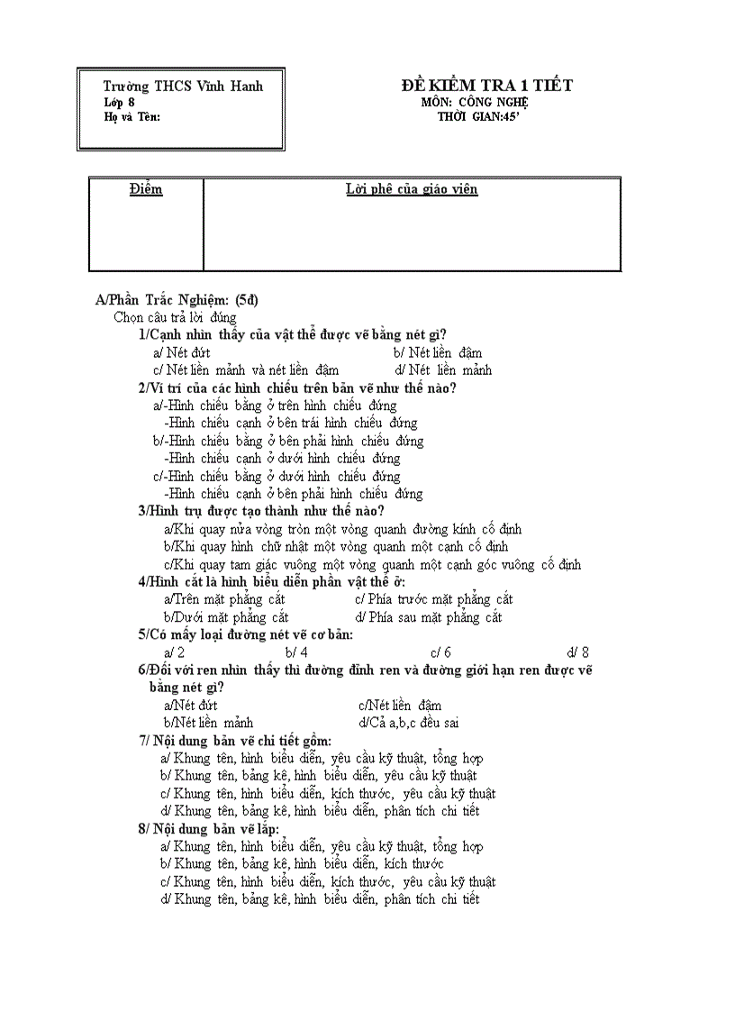 Đề KT 1tiết congnghe8 HKI