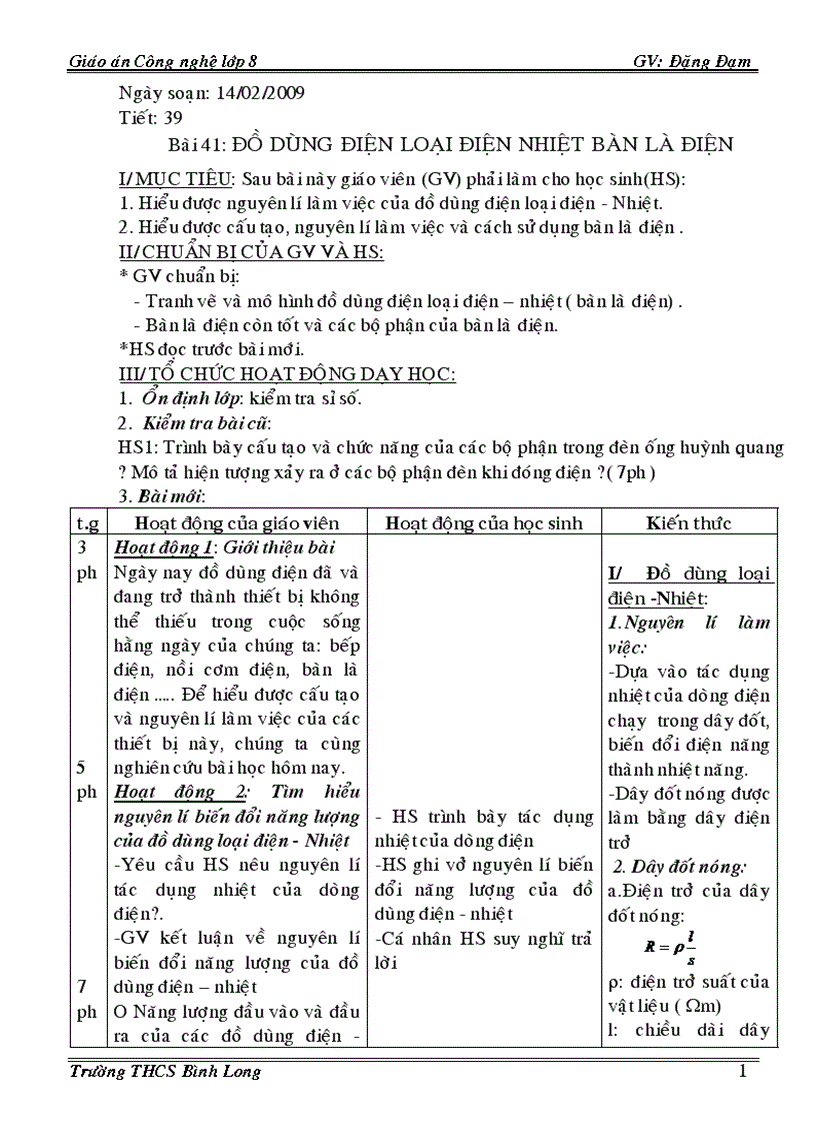 Giáo án CN 8 3 cột Phần điện 08 09