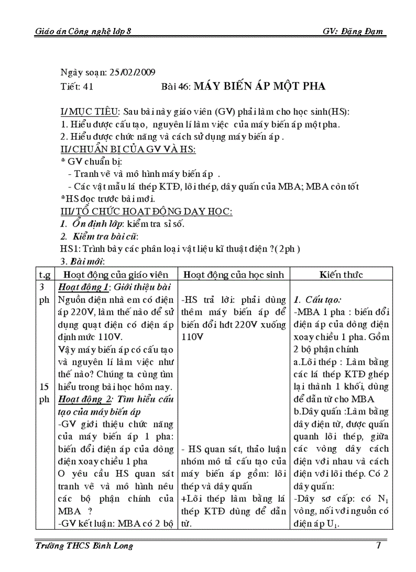 image for page Giáo án CN 8 3 cột Phần điện 08 09