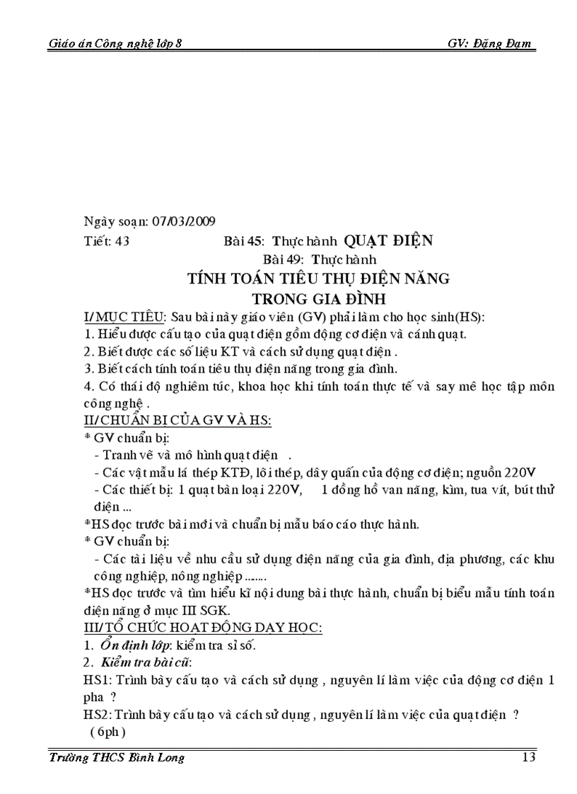 image for page Giáo án CN 8 3 cột Phần điện 08 09