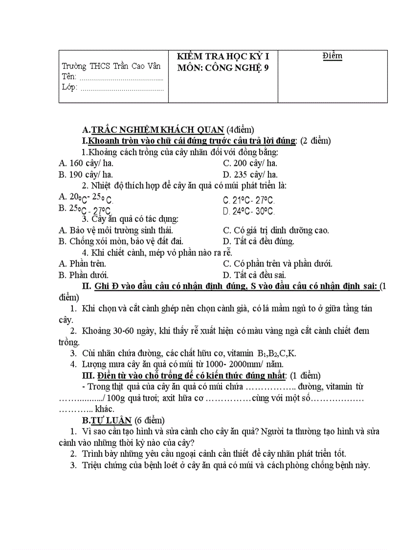 image for page Bài kiểm tra Học kỳ I Công nghệ 9