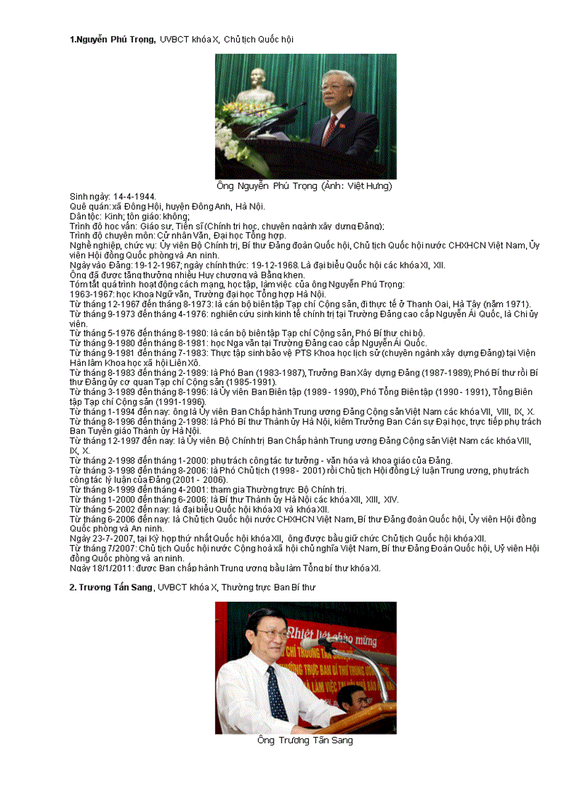 image for page Danh sách và tiểu sử BCT khóa XI