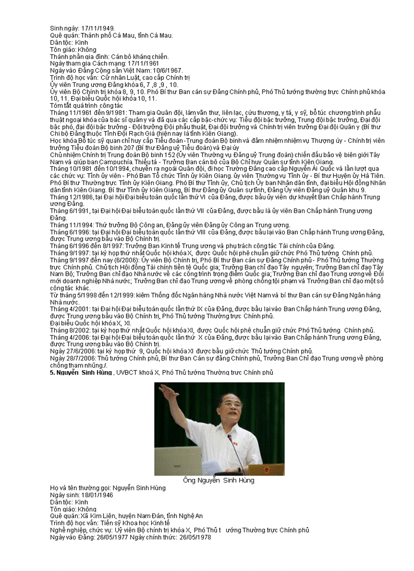 image for page Danh sách và tiểu sử BCT khóa XI