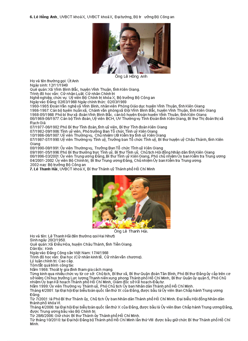 image for page Danh sách và tiểu sử BCT khóa XI