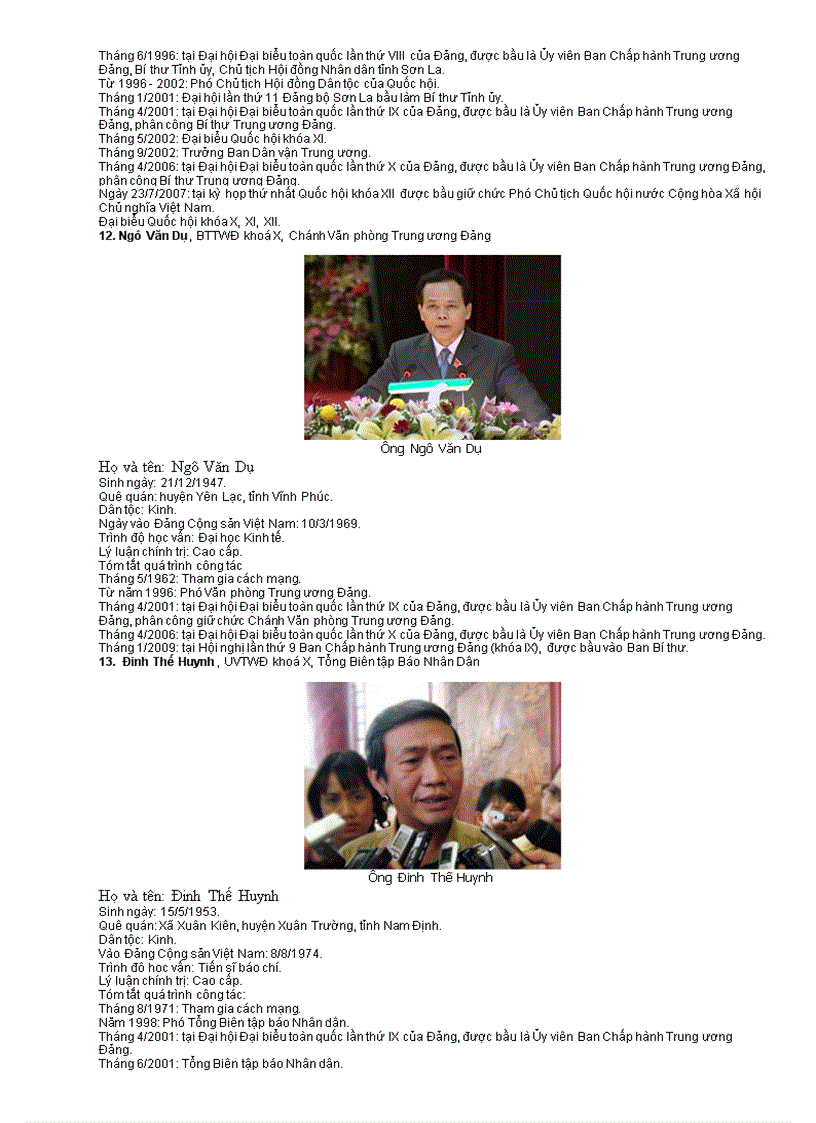 image for page Danh sách và tiểu sử BCT khóa XI