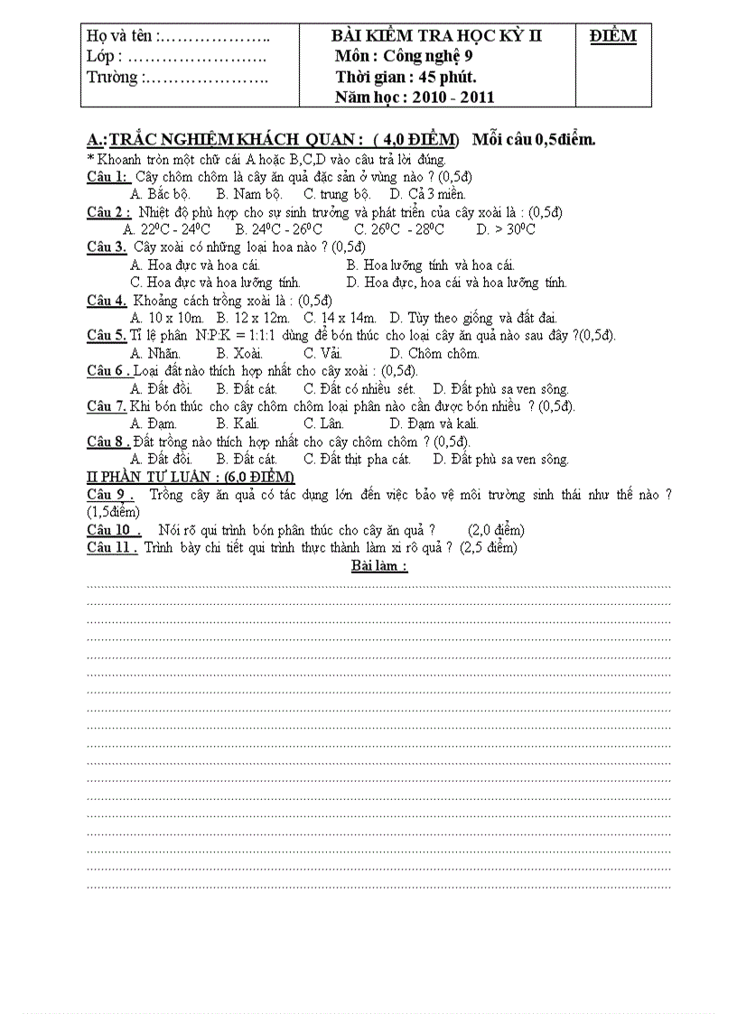 image for page Đề thi ma trận đáp án công nghệ 9 HK II 10 11