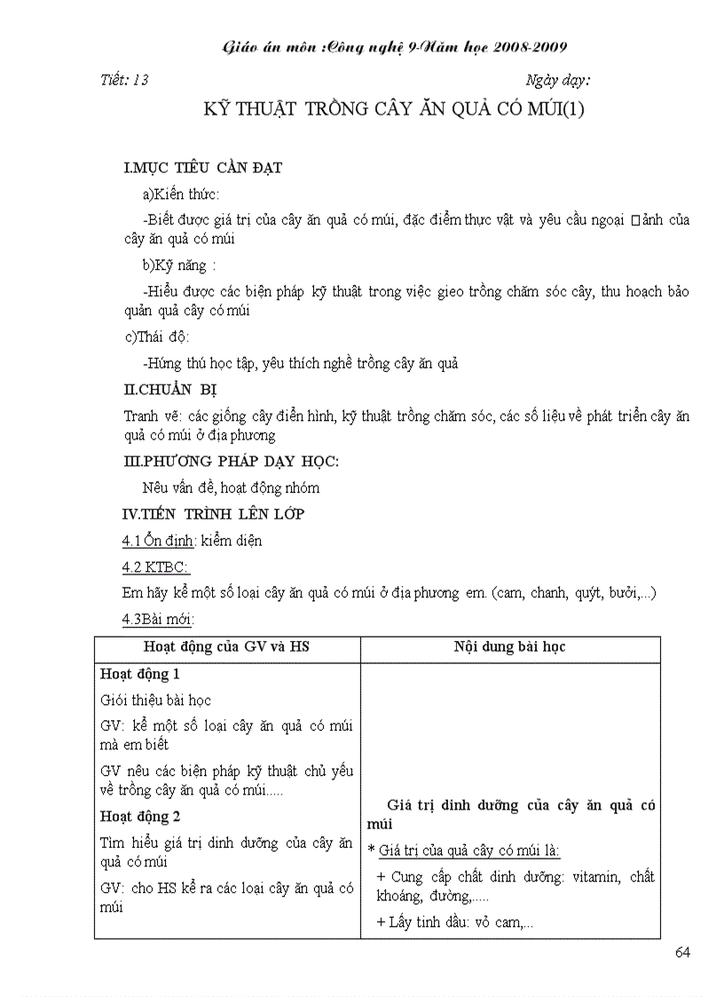 image for page Giáo án CN 9 mới nhất Trồng cây ăn quả