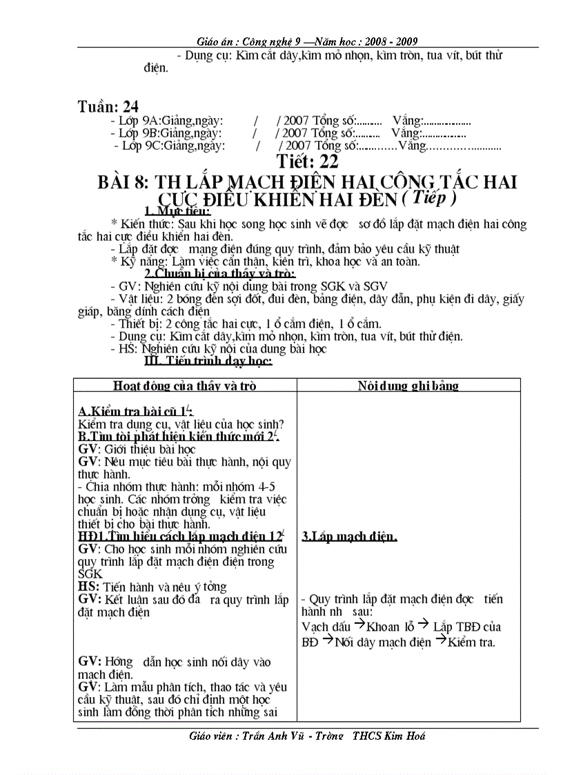 image for page Giáo án công nghệ 9 Lắp đặt mạng điện