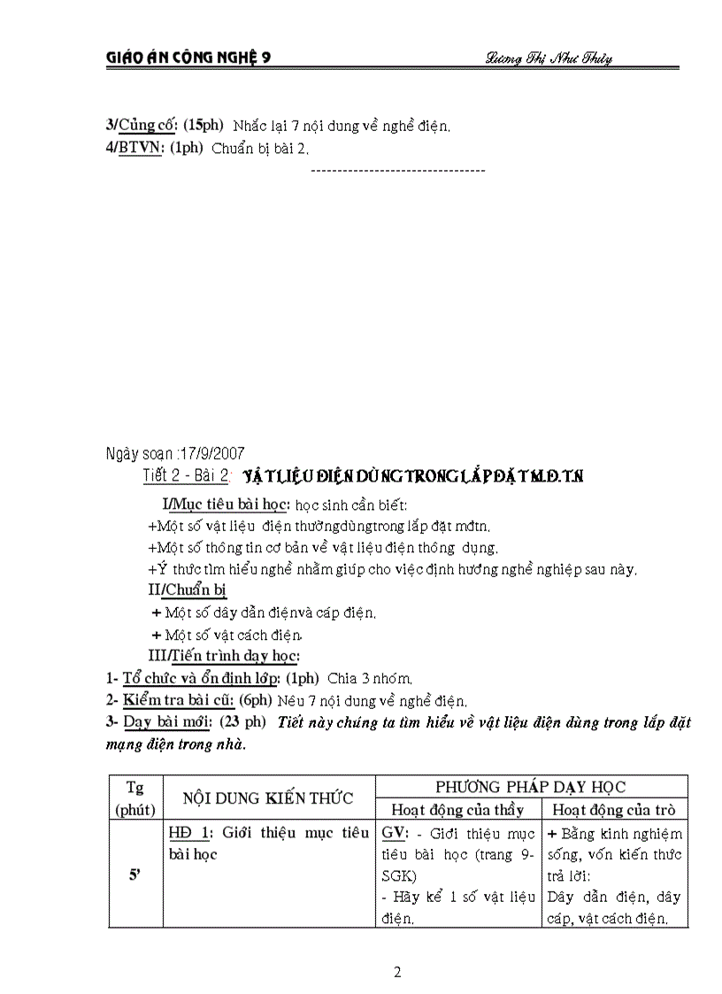 Giáo án công nghệ điện trọn bộ