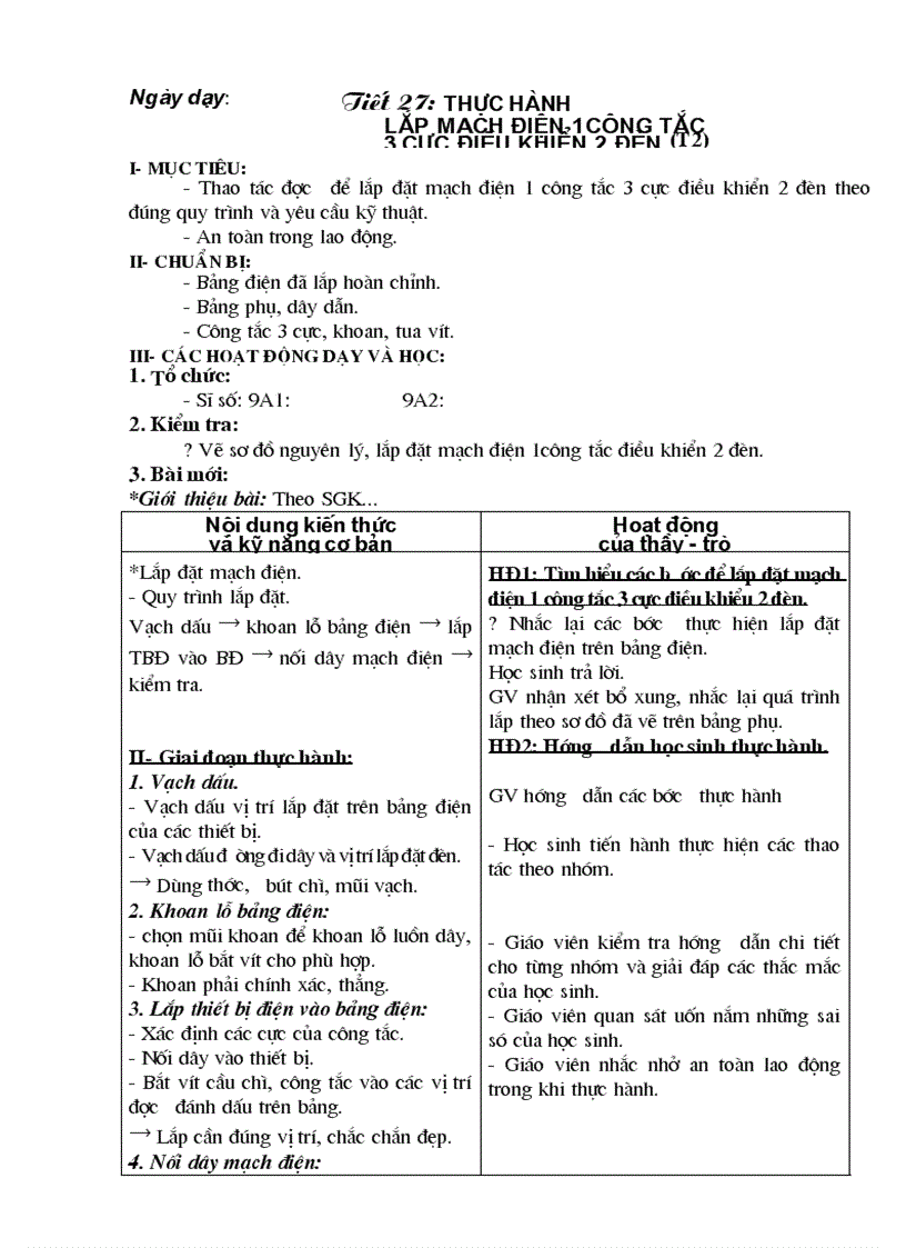 image for page Giáo án công nghệ lớp 9 lắp đặt mạng điện trong nhà