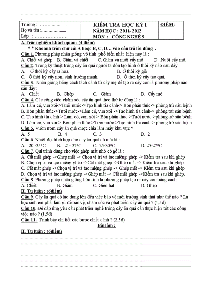 image for page Kiểm tra hki công nghệ 9 nh 11 12