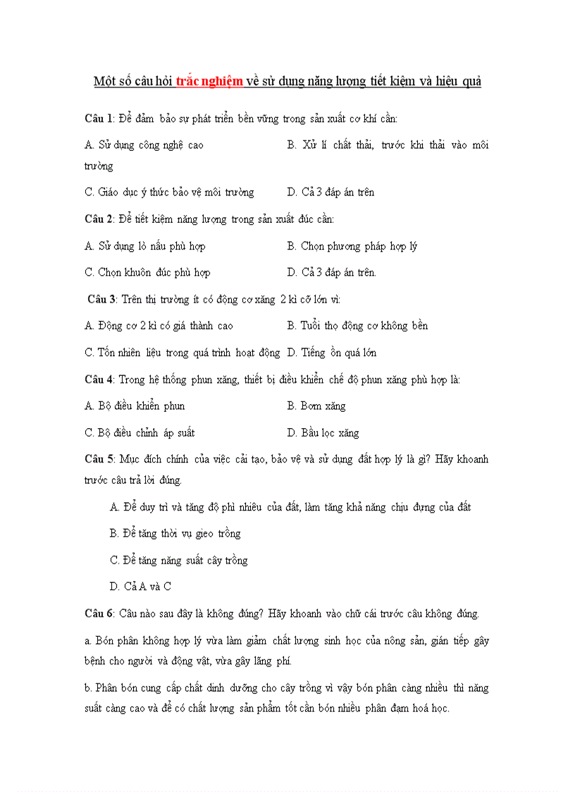 image for page 1 số câu hỏ TN về sử dụng TKNL HQ môn CN