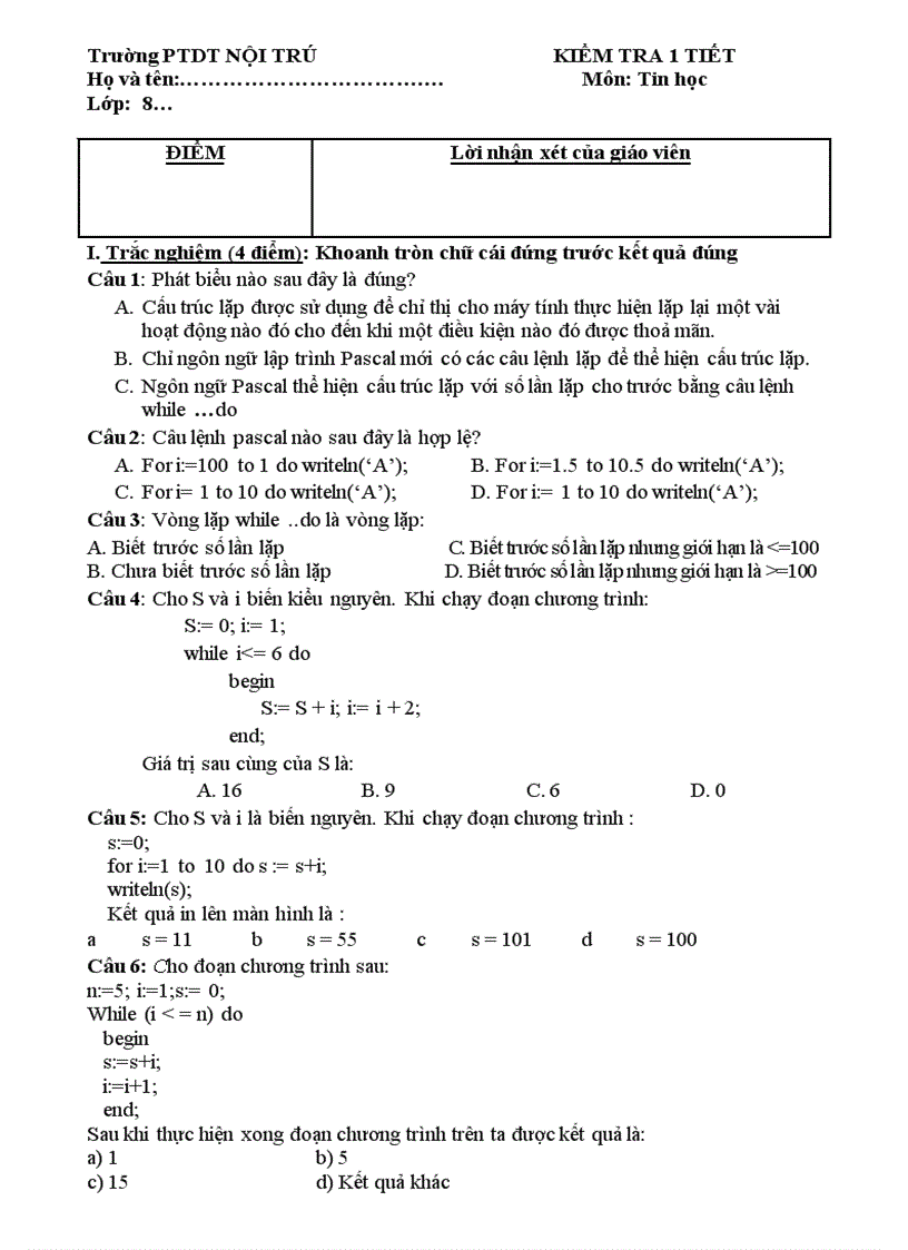 image for page Kiểm tra 1 tiết tin học
