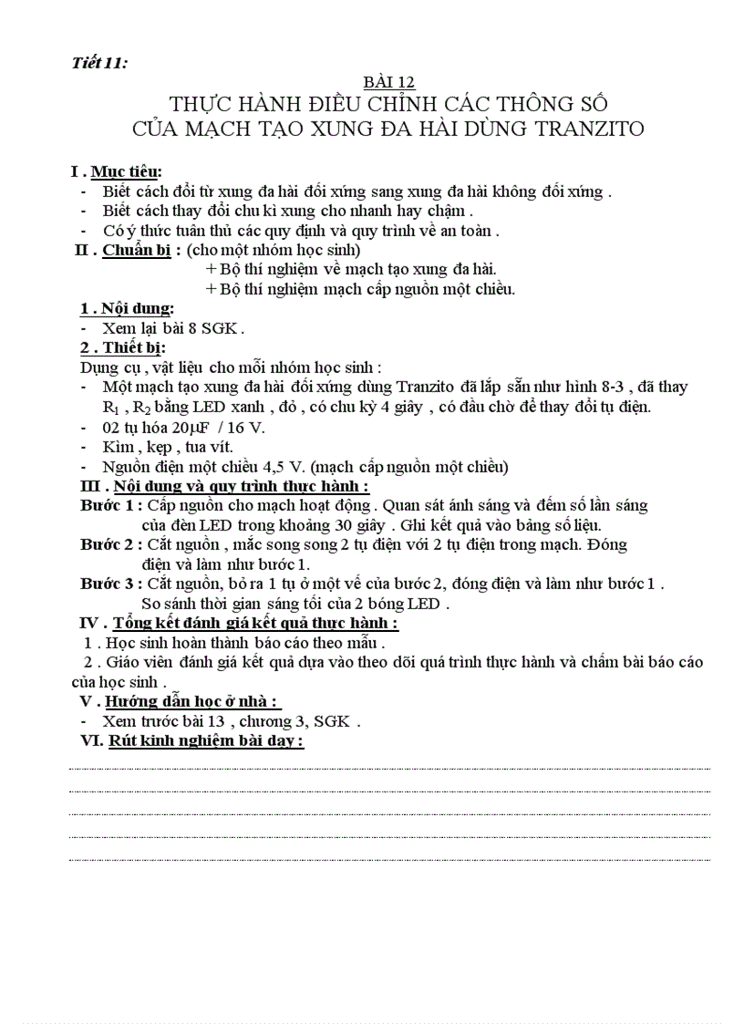 image for page Bài 12 thực hành điều chỉnh các thông số của mạch tạo xung đa hài dùng tranzito