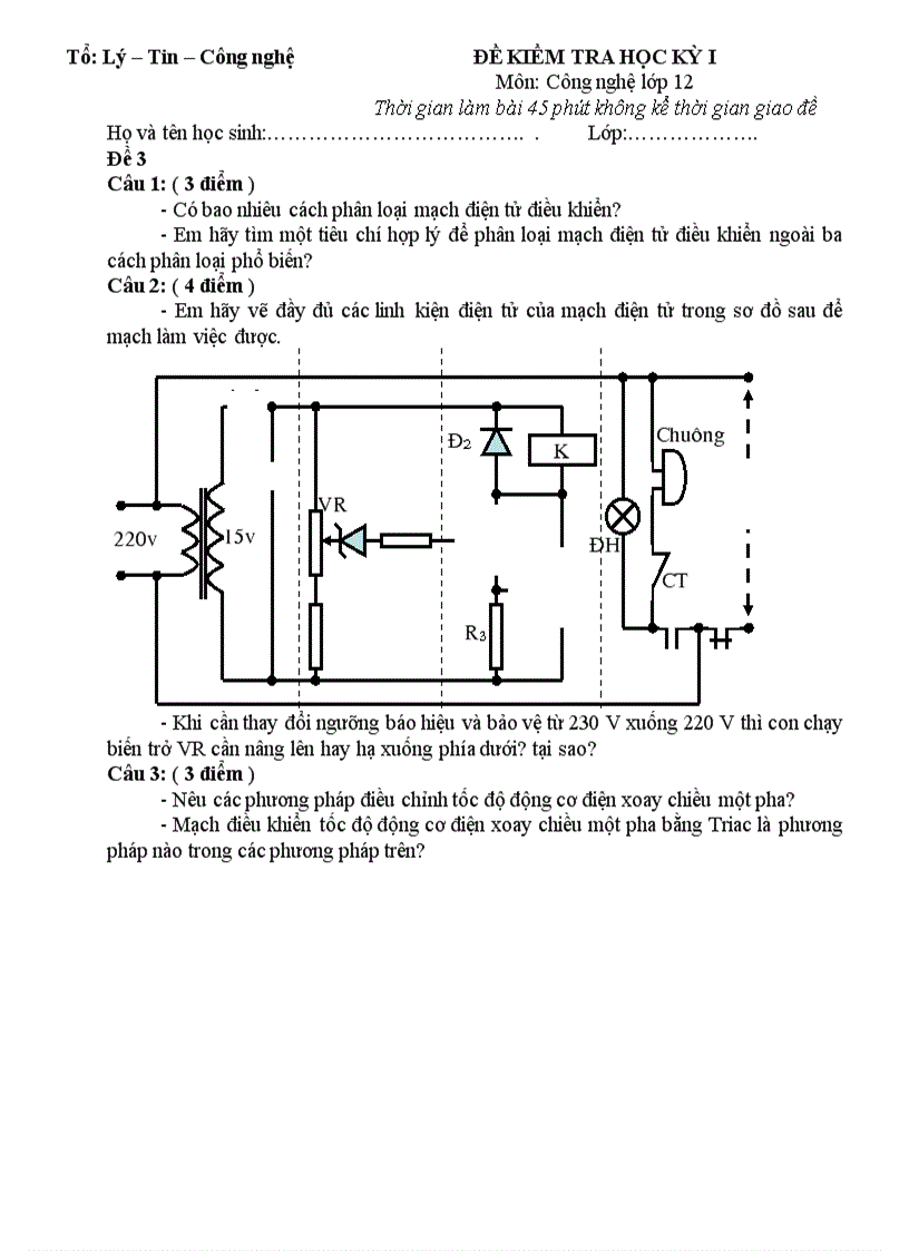 Đề kiểm tra học kỳ I Công nghệ 12