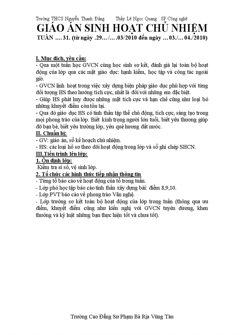 image for page Kế hoạch chủ nhiệm lớp năm học 2009 2010 Quang