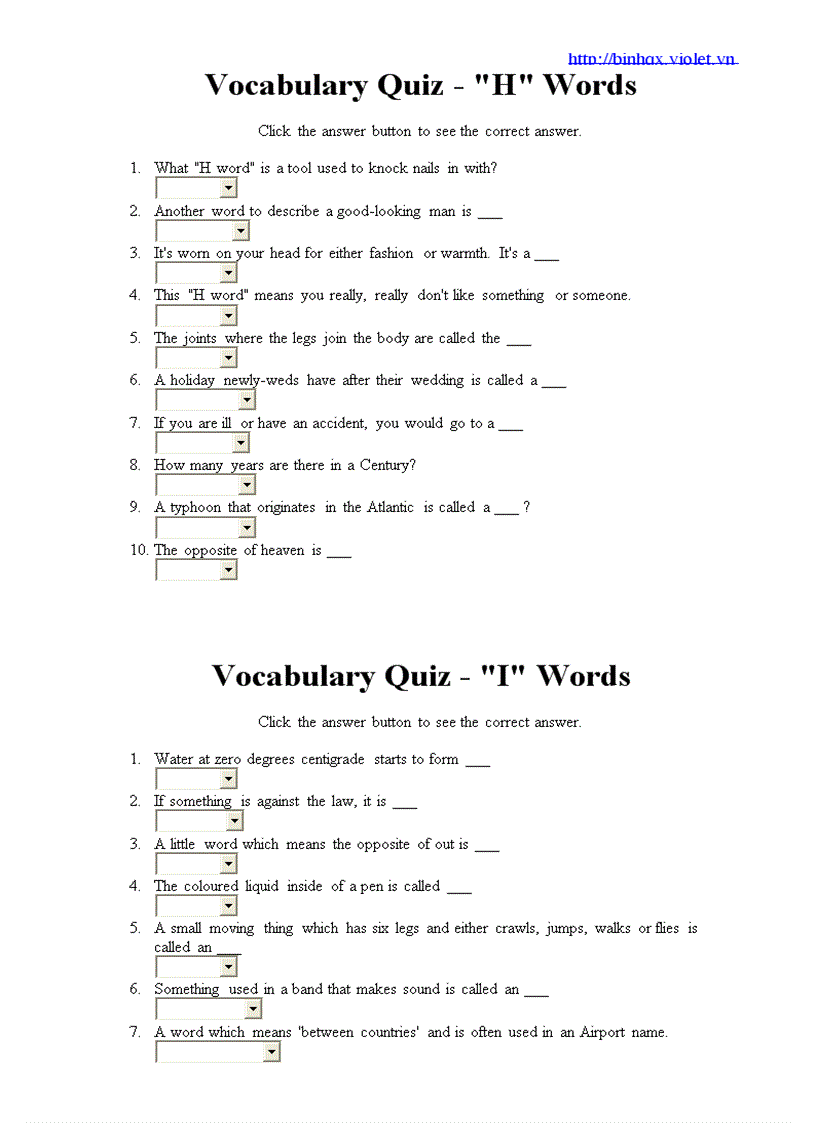 250 Vocabulary Word Quiz A Z