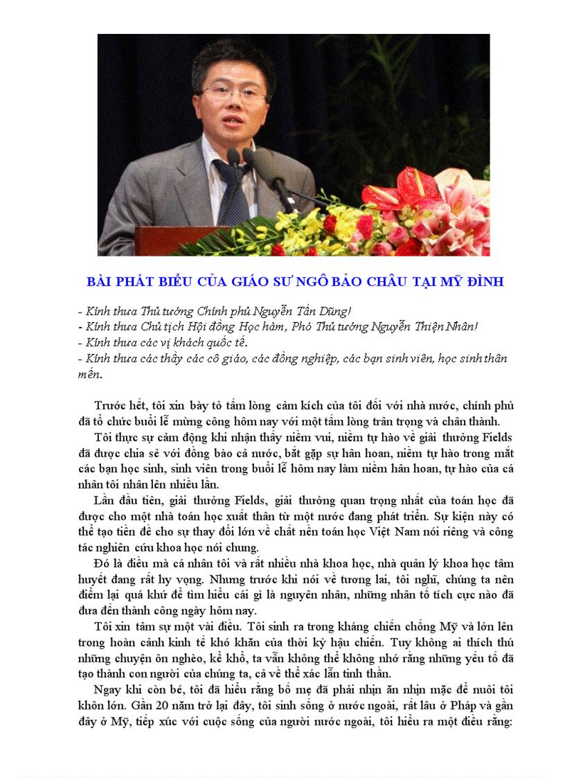 Bài phát biểu của GS Ngô Bảo Châu
