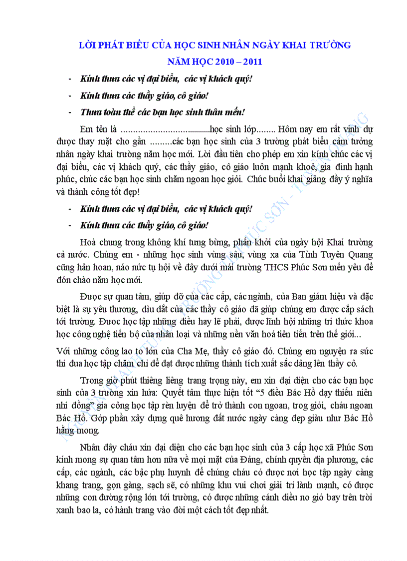 image for page Bài phát biểu của HS khai giảng năm học 2010 2011