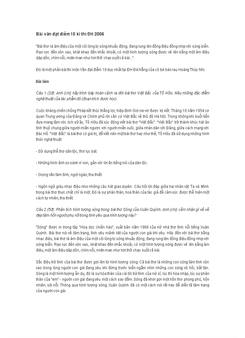 image for page Bài văn đạt điểm 10 kì thi ĐH 2006